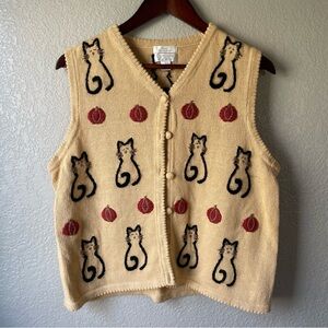 Vintage Christopher & Banks Womens Large Hand Embroidered Vest Cat Lady Pumpkin